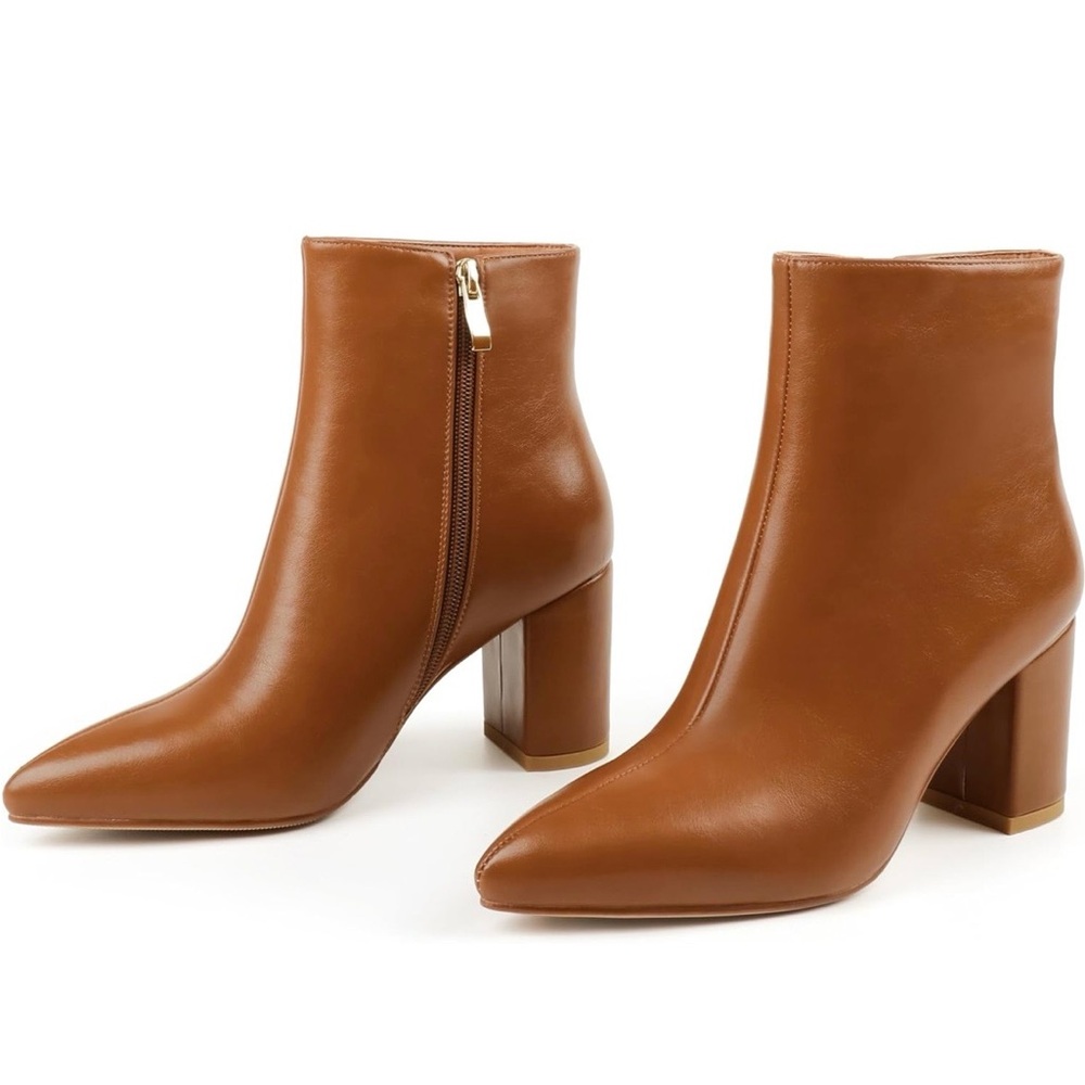 Women's Ankle Boots Chunky Block Heel Pointed Toe Zipper Booties / Brown / 7.5
